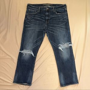 AE Original Straight Ripped Knee Jeans Extreme Flex Dark Wash